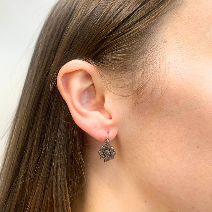 Georgian Silver Earrings 14k Gold Wires Rose Cut Diamonds