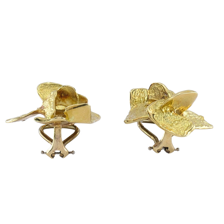 Vintage 18k Gold Modernist Abstract Floral Design Textured Clip-On Earrings