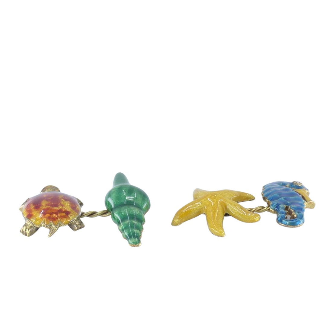 Vintage LOZ 18k Gold Enamel Turtle Seahorse Starfish Shell Cufflinks