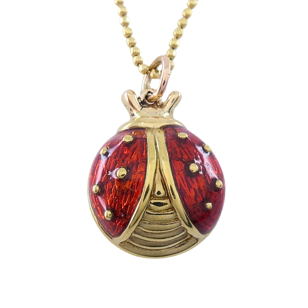 18k Gold Enamel Ladybug Pendant 14k Gold Chain Necklace