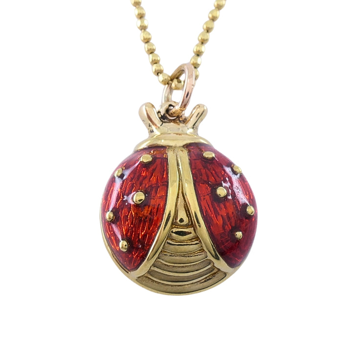 18k Gold Enamel Ladybug Pendant 14k Gold Chain Necklace