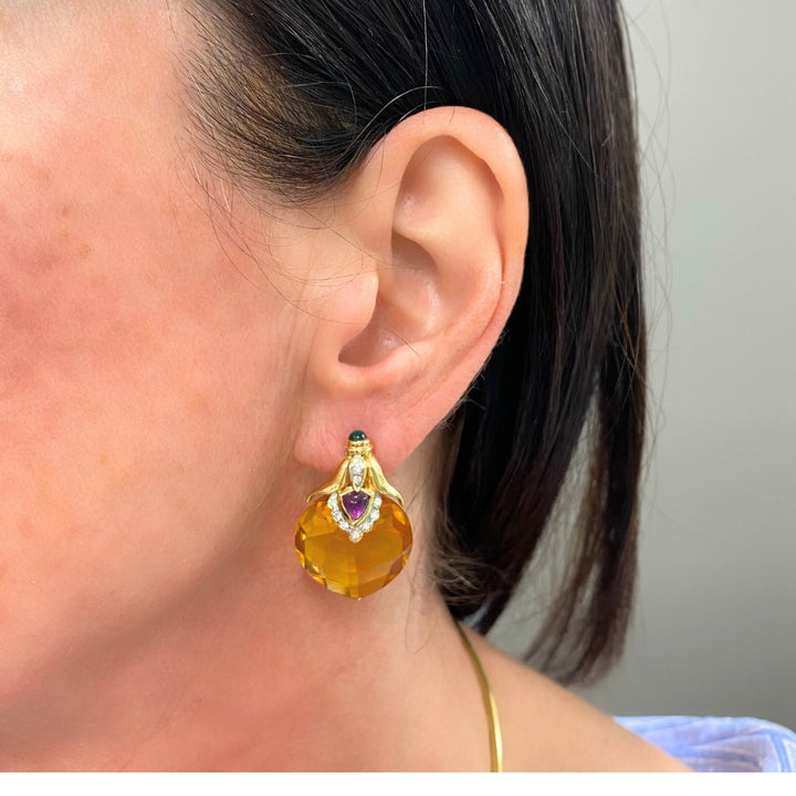 Vintage 18k Gold Citrine Heart Multi-Gemstone Earrings