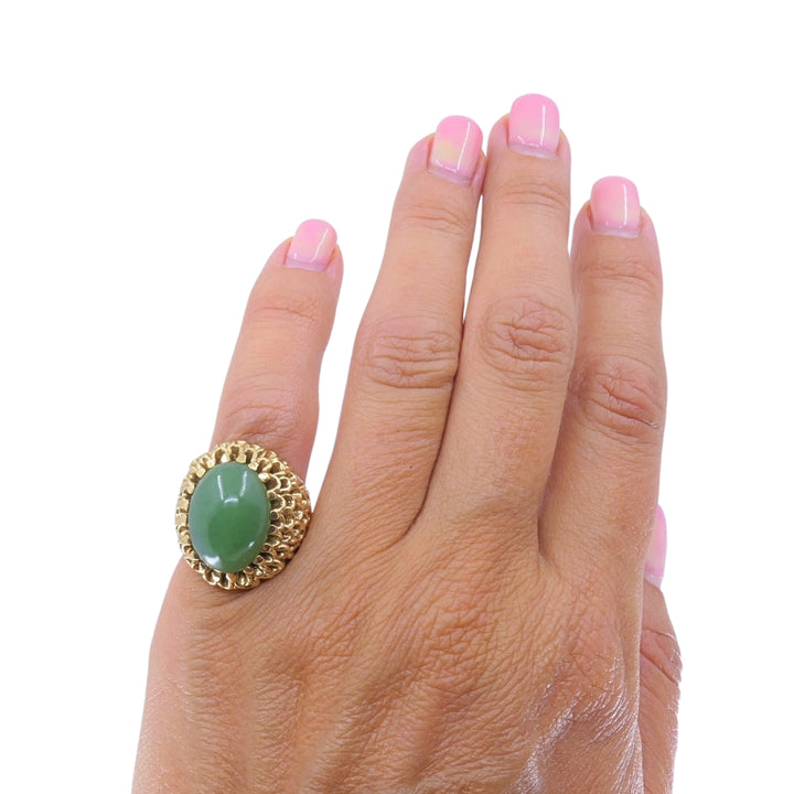 Vintage 14k Gold Green Jade Cabochon Cocktail Ring, Ornate Openwork Mounting