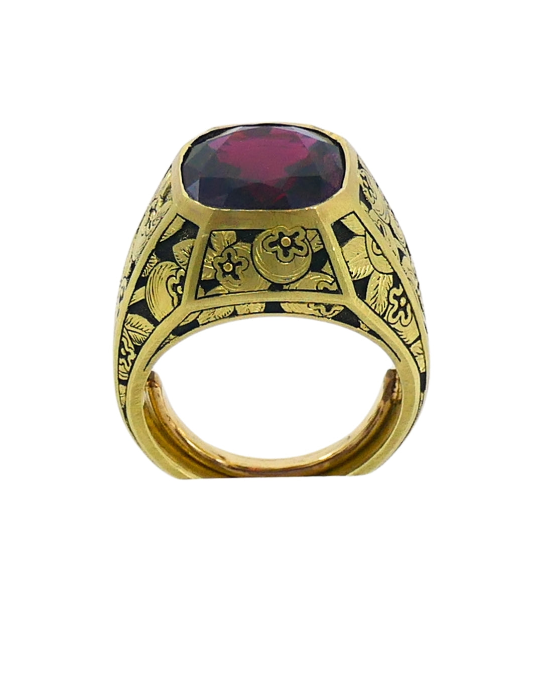 Garnet Ring Engraved 18k Gold Men Ring Cushion Cut