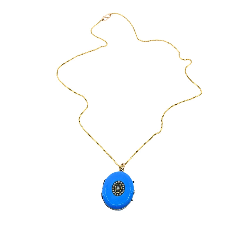Victorian 14k Gold Necklace Blue Enamel Locket Pendant