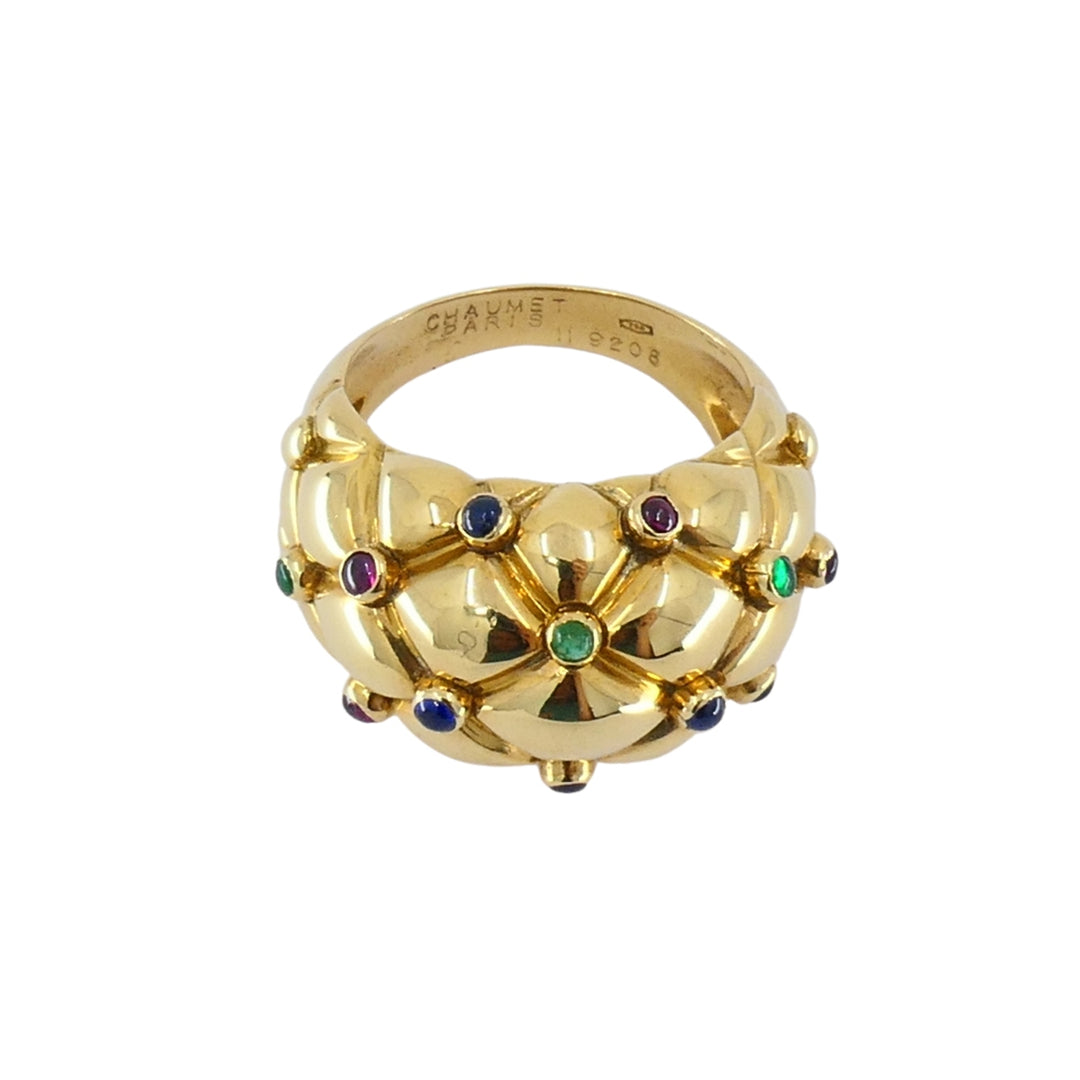 Vintage Chaumet 18k Gold Dome Cocktail Ring with Gemstones Original Box