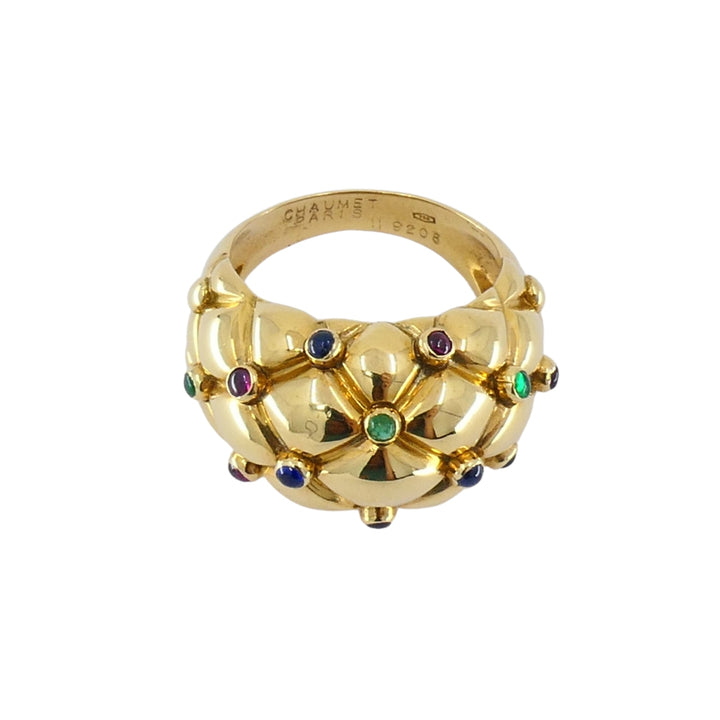 Vintage Chaumet 18k Gold Dome Cocktail Ring with Gemstones Original Box