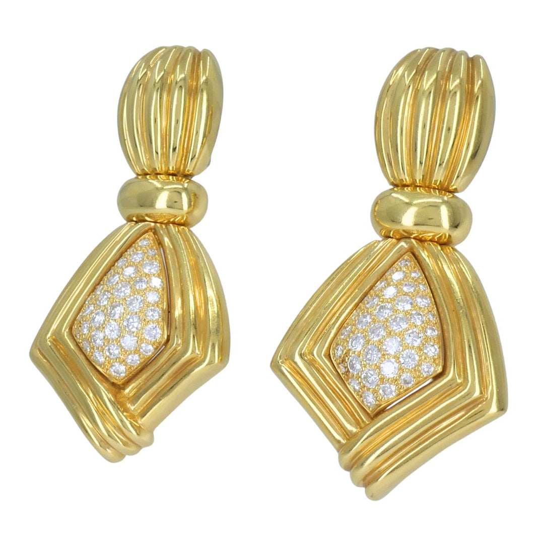 Vintage Boucheron Paris 18k Gold Diamond Ribbed Drop Earrings