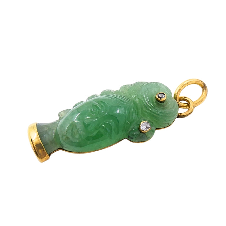 Vintage 14k Gold Carved Jade Lady’s Head Charm Pendant Diamond Accents