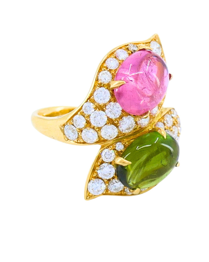 Bvlgari Vintage Bulgari Bypass Ring 18k Gold Diamond Cabochon Gemstones