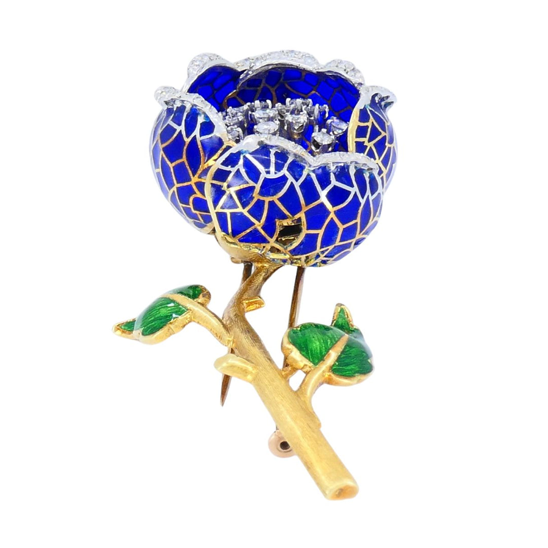 Vintage 18k Gold Diamond Enamel Flower Pendant Clip Brooch