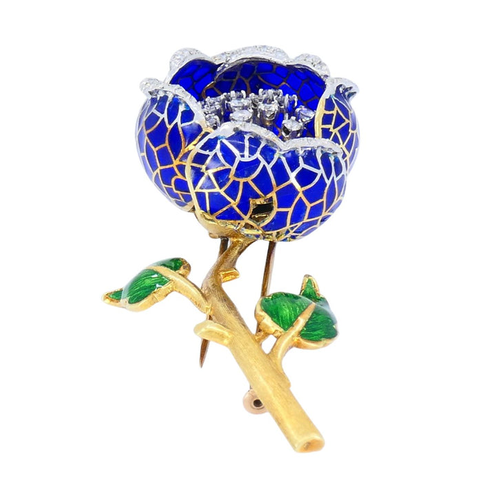 Vintage 18k Gold Diamond Enamel Flower Pendant Clip Brooch