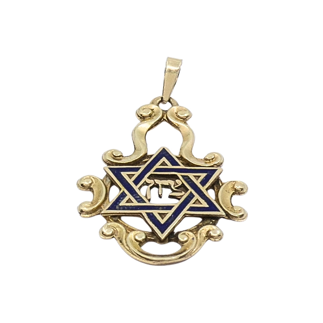 Vintage 14k Gold Blue Enamel Star of David Chai Pendant