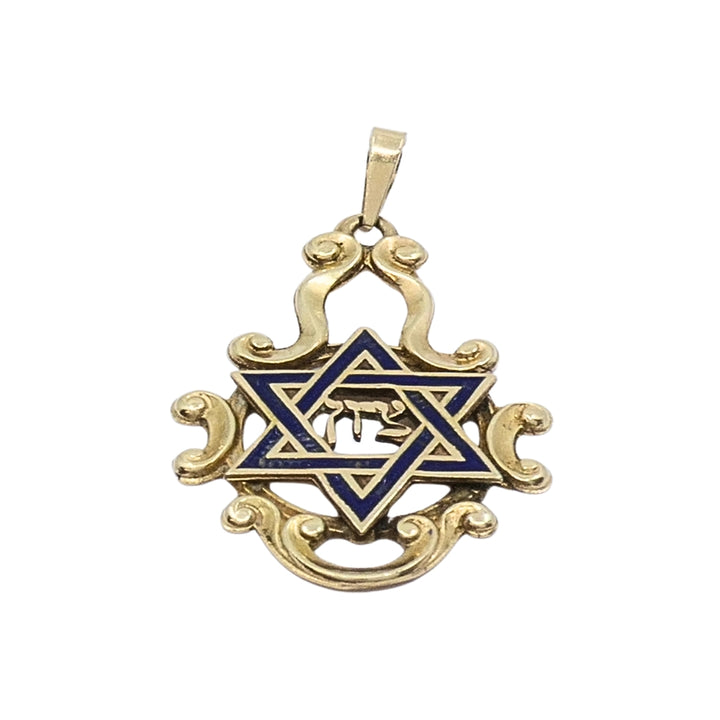 Vintage 14k Gold Blue Enamel Star of David Chai Pendant