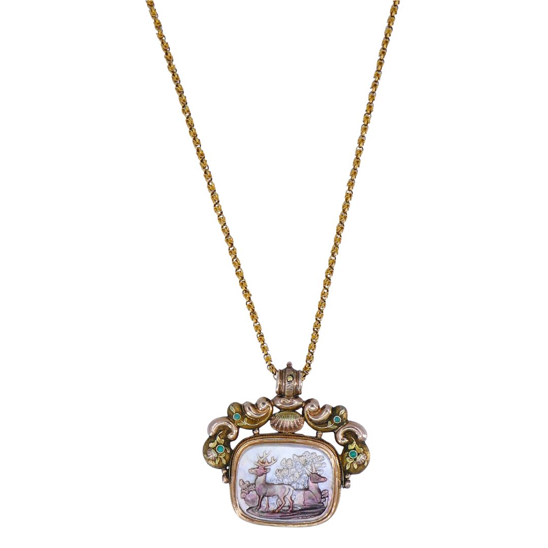 Antique Victorian Gold Mother of Pearl Equestrian Pendant Chain Necklace