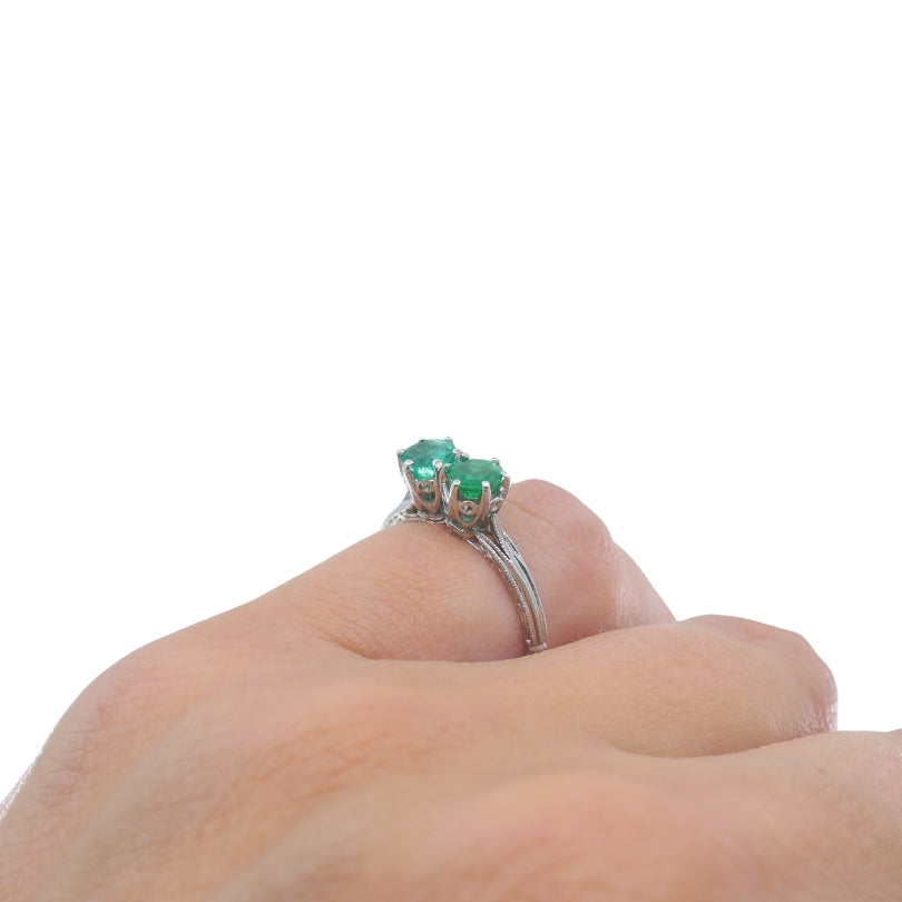 Vintage Platinum Toi et Moi Emerald Ring