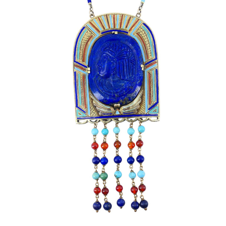 Egyptian Revival 14k Gold Gemstones Enamel Pendant Necklace