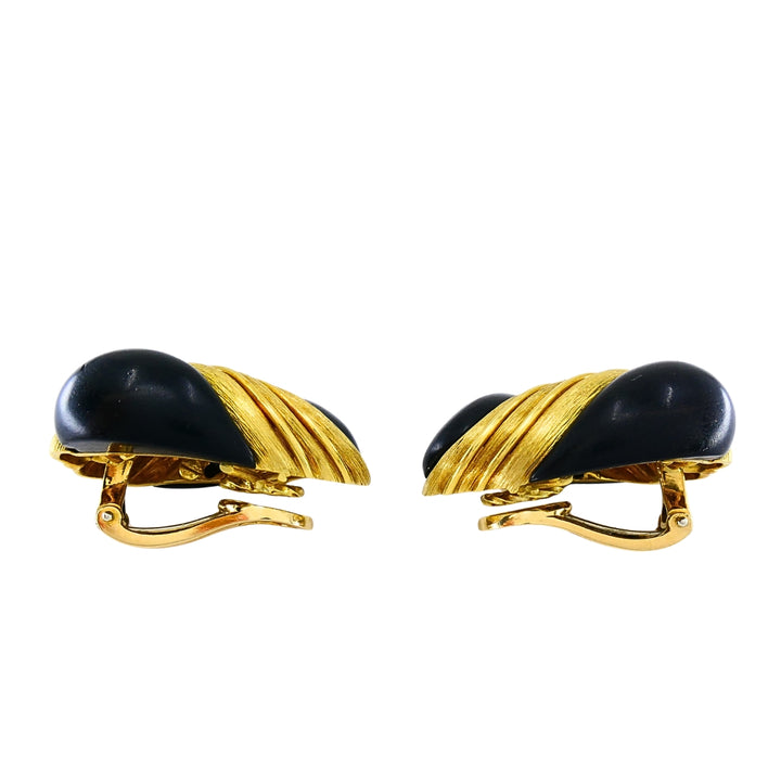 Henry Dunay 18k Gold Ebony Wood Clip-On Earrings, Vintage 1980s