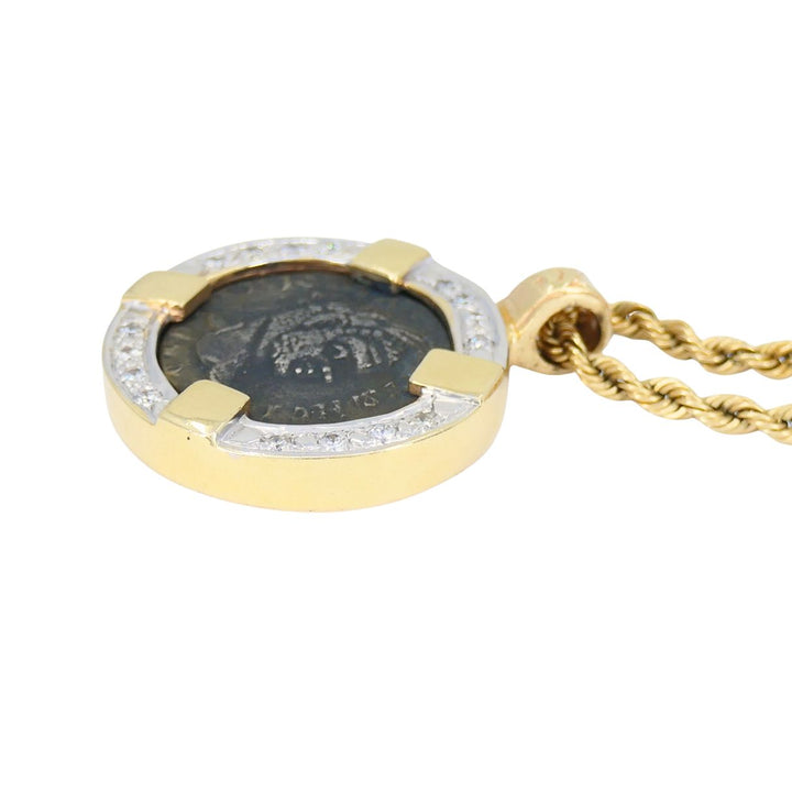 Vintage 14k Gold Diamond Ancient Coin Pendant Necklace