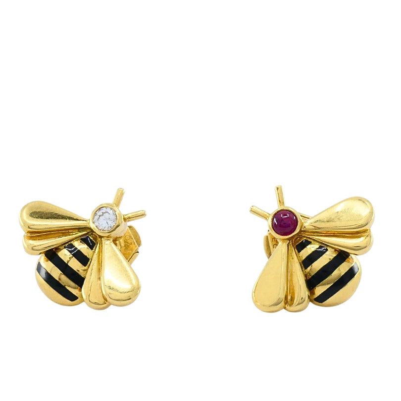 Cartier 18k Gold Bee Stud Earrings Ruby Diamond Accents