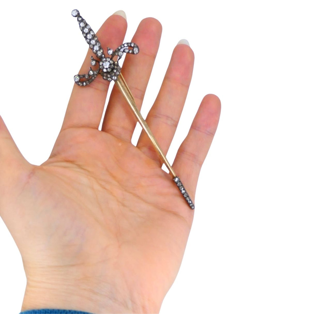 Antique 14k gold Silver Diamond Sword Brooch, circa 1900