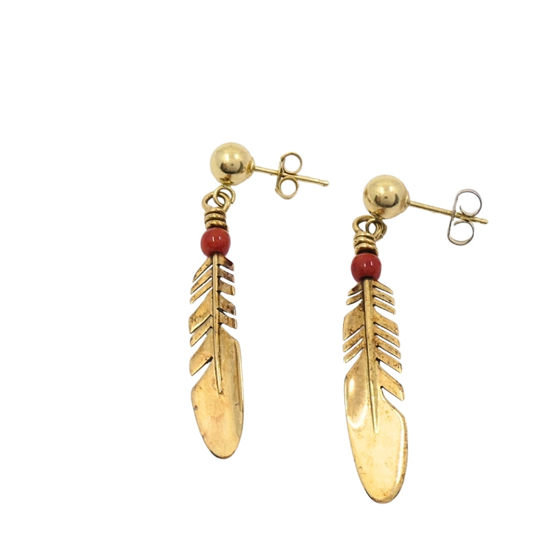 Ray Tracey 14k Gold Navajo Feather Drop Earrings Coral Beads
