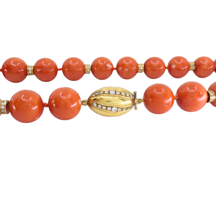 Vintage Bvlgari Coral Necklace 18k Gold Diamond Rondelles & Diamond Clasp