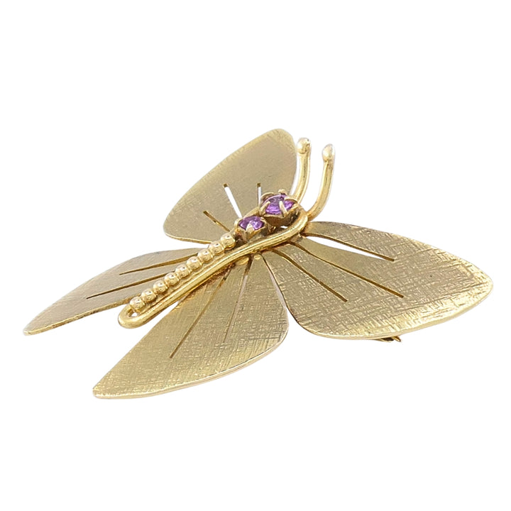 Vintage 14k Gold Butterfly Brooch Pink Gemstone Accents