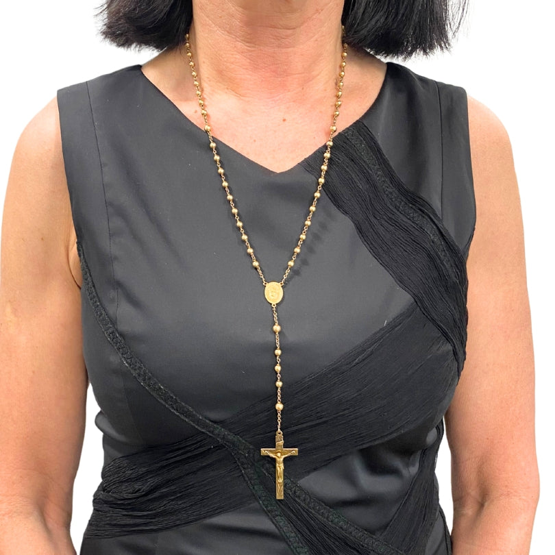 Vintage 10k Gold Beaded Rosary Necklace Medallion & Crucifix