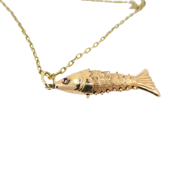 Vintage 14k Gold Fish Pendant 18k Gold Chain Necklace