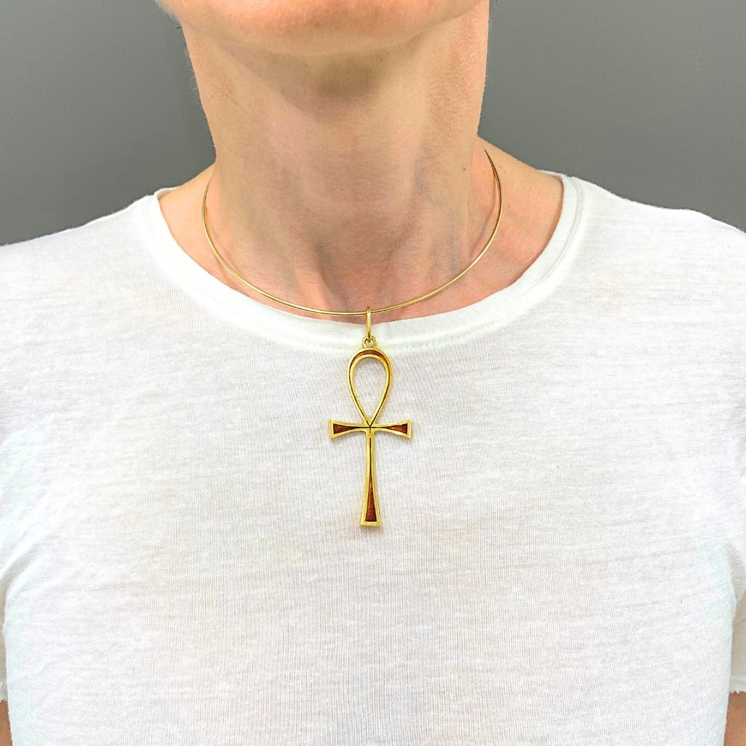 Ankh Cross Pendant 18k Gold Enamel and 14k Gold Wire Choker Necklace