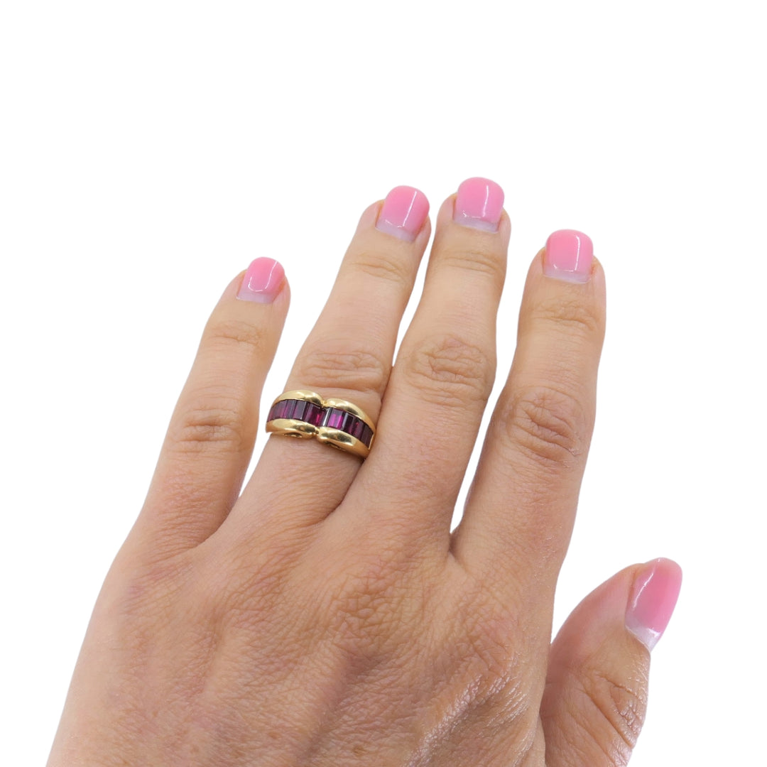 Tiffany & Co. 18k Gold Ruby Baguette Curved Band Ring, Size 5.5