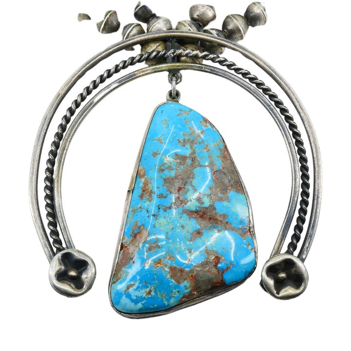 Signed Navajo Native Indian Sterling Silver Turquoise Squash Blossom Necklace