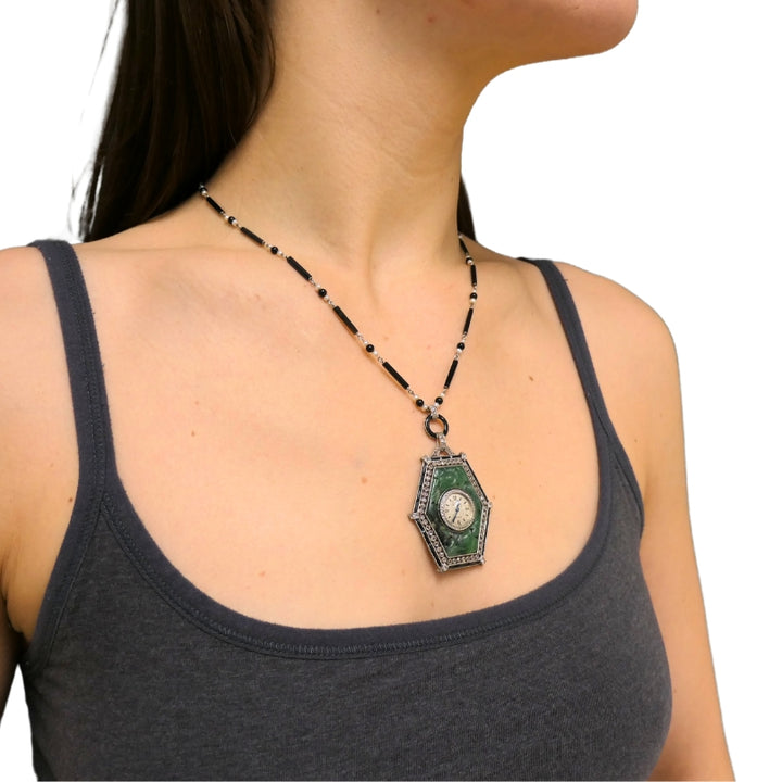 Art Deco Jaeger-LeCoultre Watch Pendant Jade Black Onyx Seed Pearl Necklace