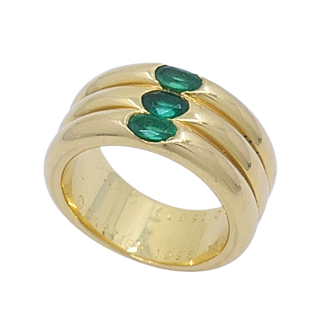 Vintage Cartier 18k Gold Emerald Three-Row Band Ring, 1995