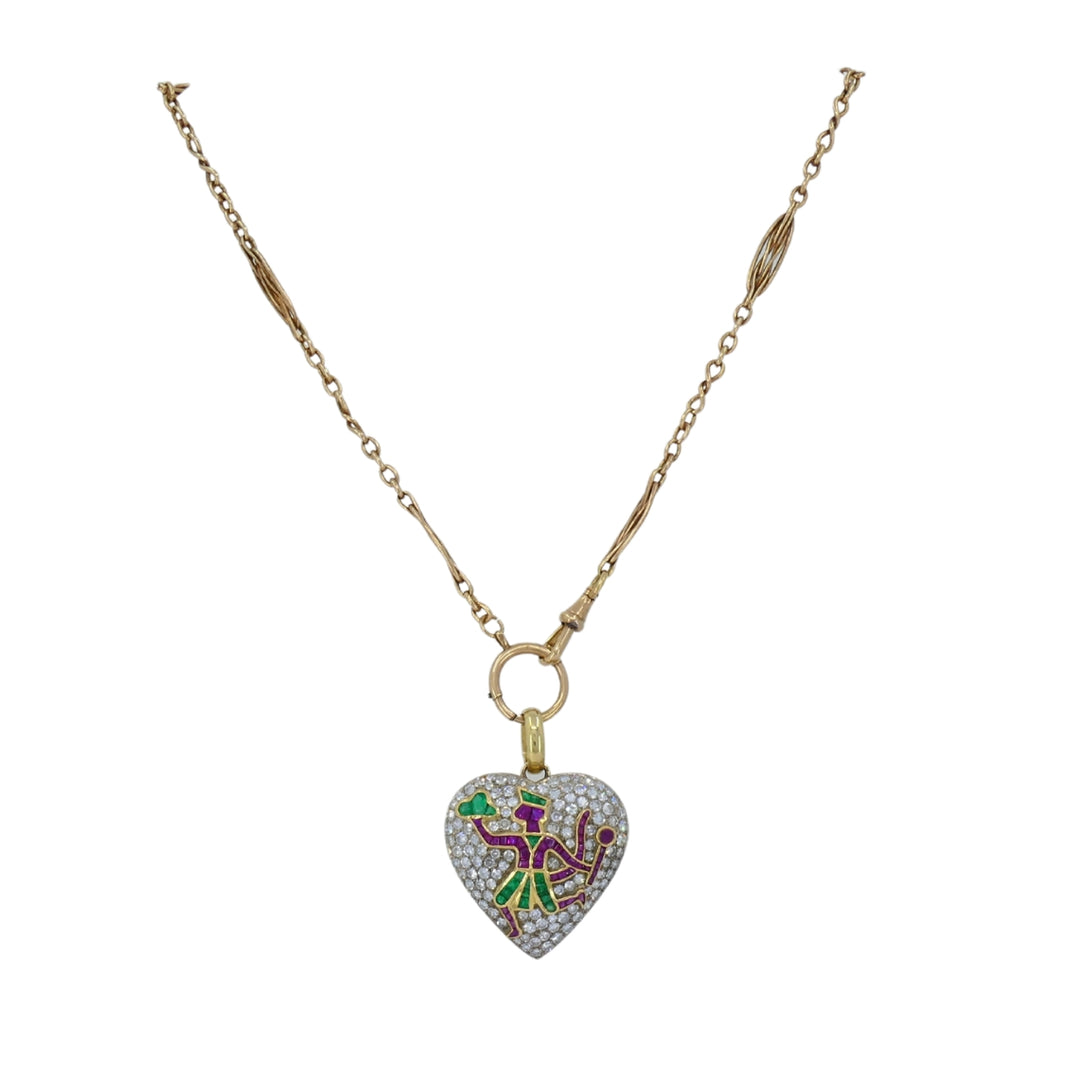 Vintage Heart Pendant Diamond Platinum Indian Mythology Motif 14k Chain