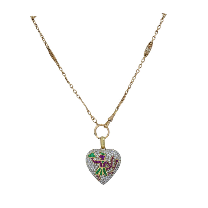 Vintage Heart Pendant Diamond Platinum Indian Mythology Motif 14k Chain