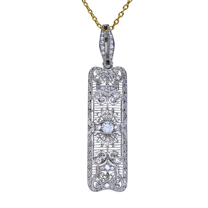Art Deco Platinum Diamond Filigree Pendant 14k Gold Chain Necklace