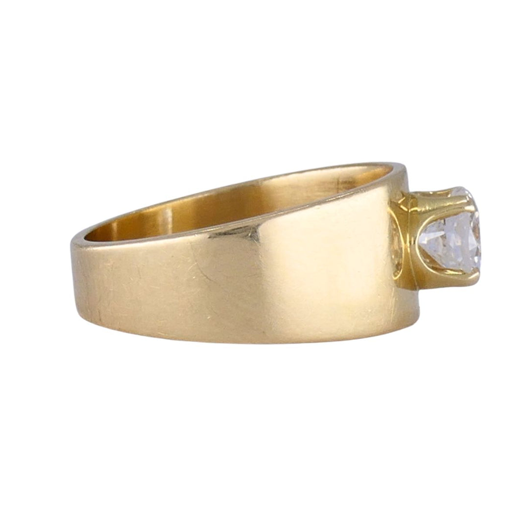 Vintage 1970s 14k Yellow Gold Round Brilliant Solitaire Diamond Wide Band Ring
