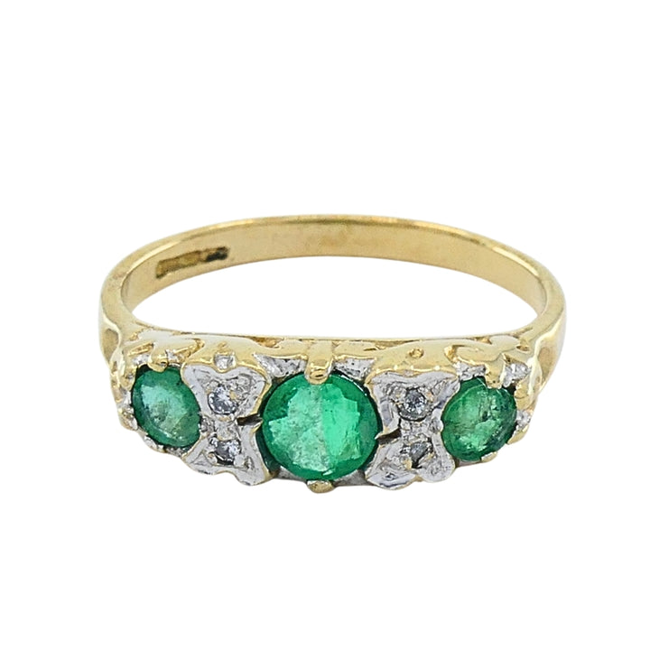 Vintage 9k Gold Emerald Diamond Three-Stone Ring