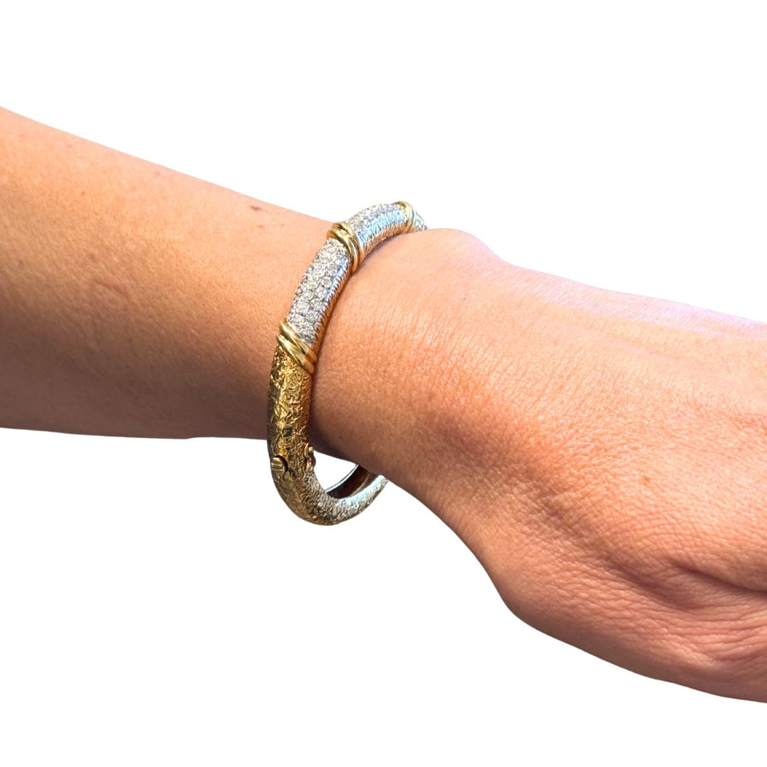 Vintage Van Cleef & Arpels 18k Gold Platinum Diamond Hinged Bangle Bracelet