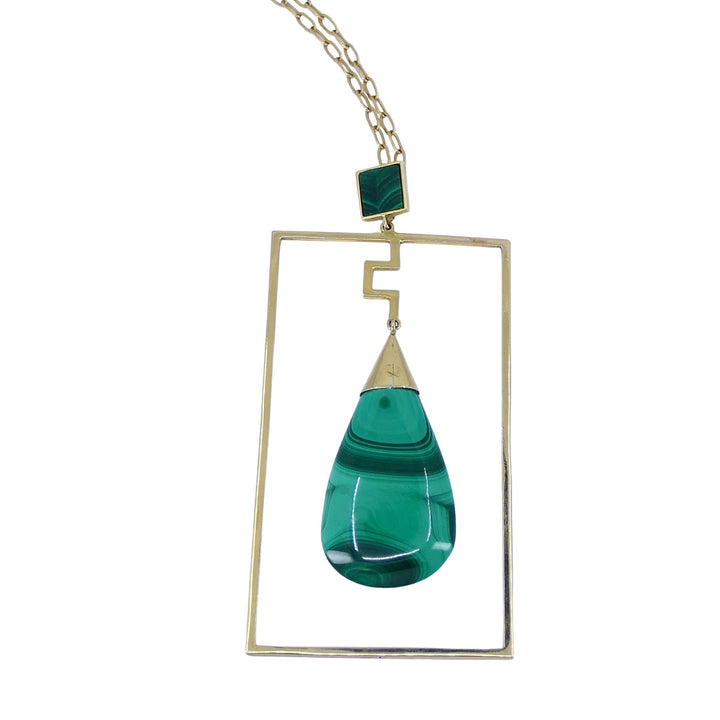 Modernist 10k Gold Malachite Pendant 14k Chain Necklace