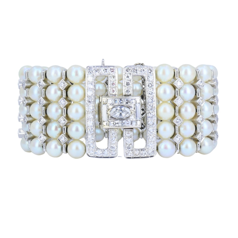 Vintage 1950s 14k White Gold Pearl and Diamond Bracelet Estate Jewelry