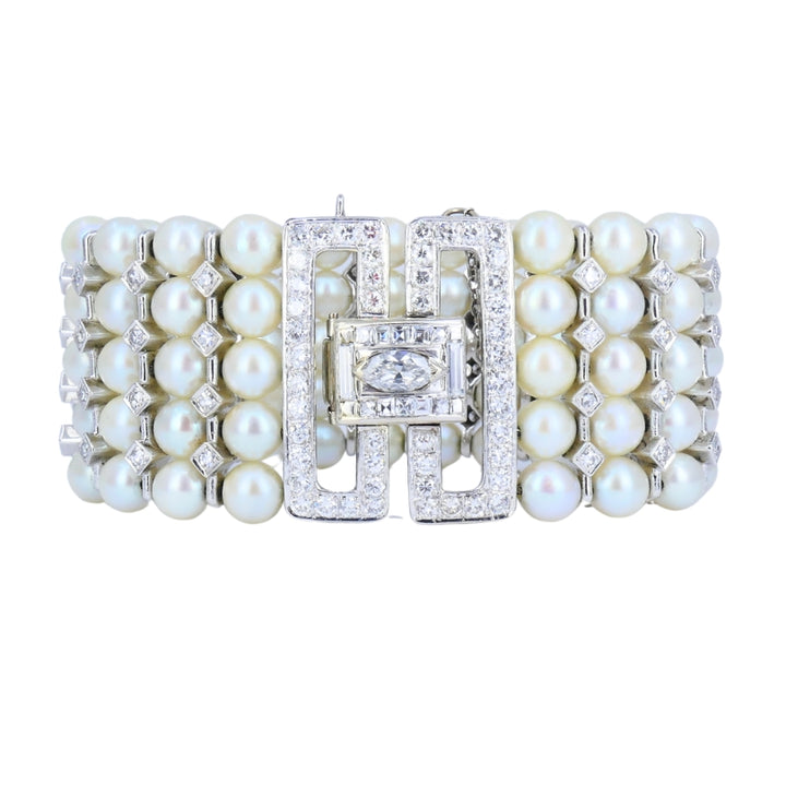 Vintage 1950s 14k White Gold Pearl and Diamond Bracelet Estate Jewelry