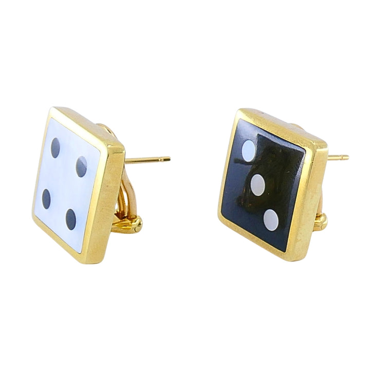 Tiffany & Co. Vintage 18k Gold Dice Earrings Onyx & Mother-of-Pearl Inlay