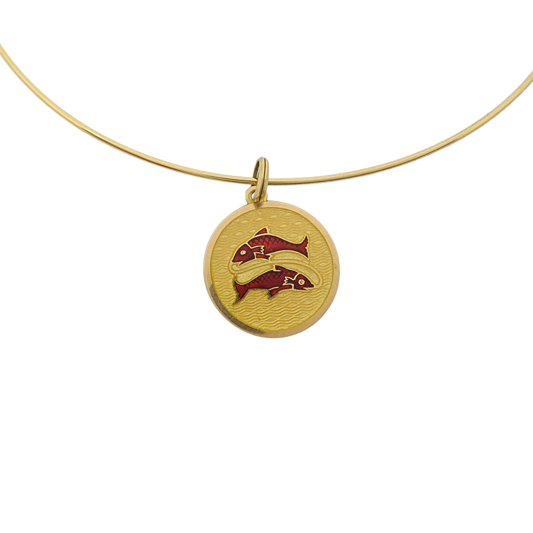 Vintage 18k Gold Red Enamel Necklace Pisces Pendant Zodiac Medallion