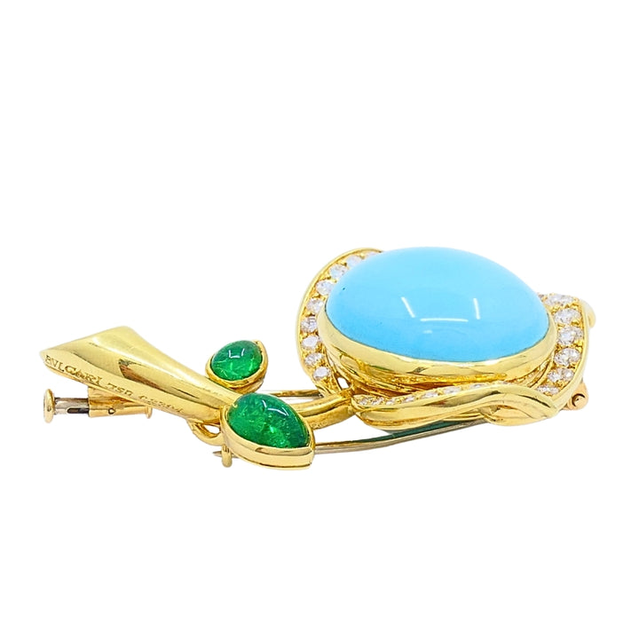 Bvlgari Bulgari 18k Gold Turquoise Flower Brooch Emerald Diamond Accents