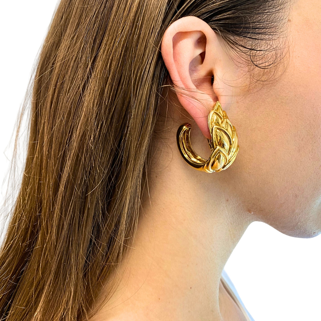 René Boivin 18k Gold Sculpted Foliate Hoop Earrings, 1970s