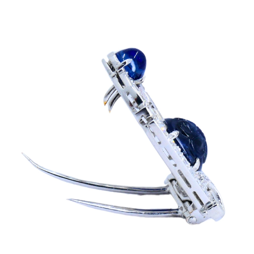 Vintage French Platinum Diamond Clips Carved Sapphire Estate Jewelry