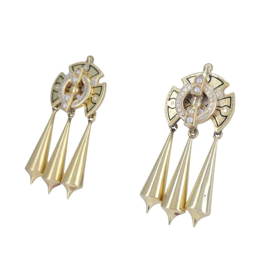 Victorian 14k Gold Enamel Seed Pearl Mechanical Drop Earrings